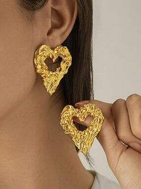 NEW Chunky Love Heart Stud Statement Earrings Gold Liquid Heart Dangle Cuban